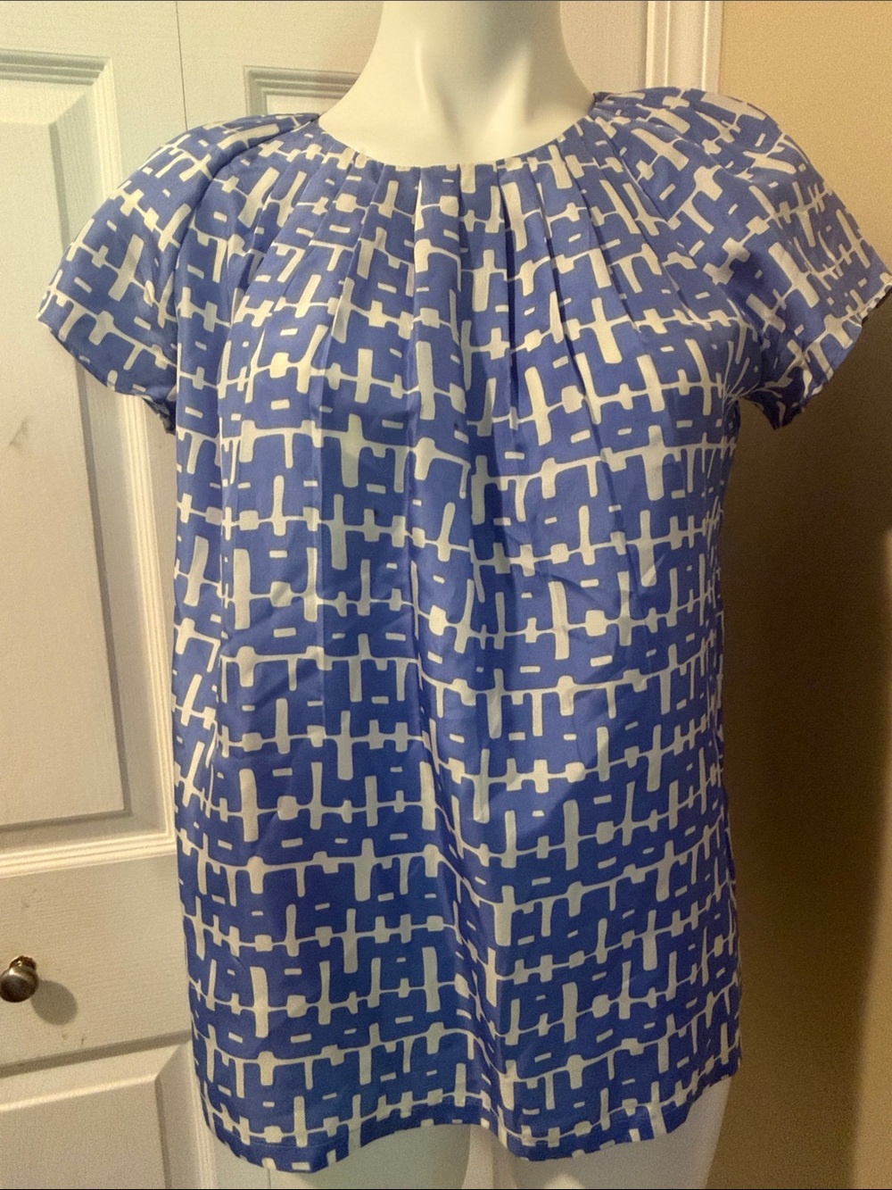 Banana Republic Blue & White Silk Graphic Cap-Sleeve Blouse Size S